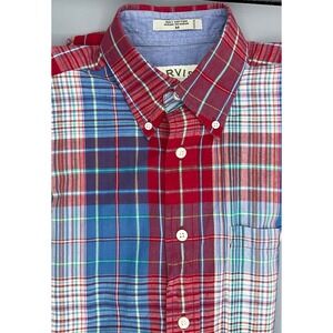 Orvis Mens Short Sleeve Button Down Shirt Red White Blue Plaid 100% Cotton Med